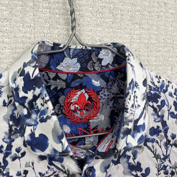 Au Noir Shirt Men Sz 4 Button Up Funky Watercolor Floral Nature AOP Blue Boho - Picture 6 of 13